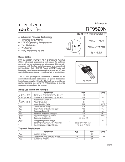 International Rectifier irf9520n  . Electronic Components Datasheets Active components Transistors International Rectifier irf9520n.pdf