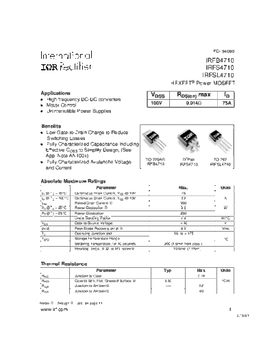 International Rectifier irfb4710  . Electronic Components Datasheets Active components Transistors International Rectifier irfb4710.pdf