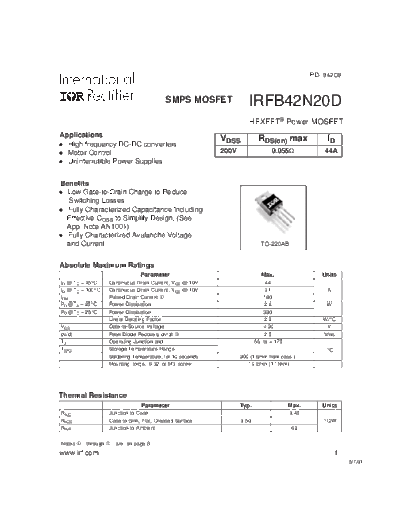 International Rectifier irfb42n20d  . Electronic Components Datasheets Active components Transistors International Rectifier irfb42n20d.pdf