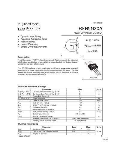 International Rectifier irfb9n30a  . Electronic Components Datasheets Active components Transistors International Rectifier irfb9n30a.pdf