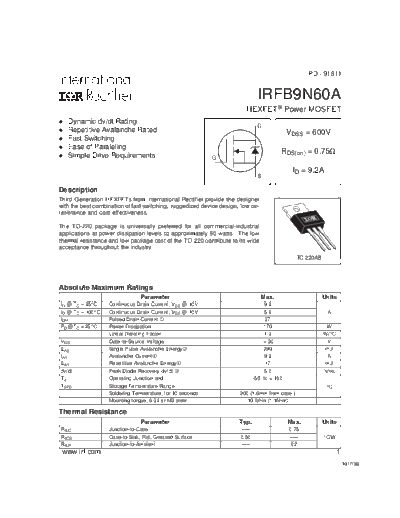 International Rectifier irfb9n60a  . Electronic Components Datasheets Active components Transistors International Rectifier irfb9n60a.pdf