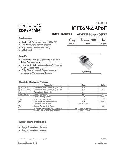 International Rectifier irfb9n65apbf  . Electronic Components Datasheets Active components Transistors International Rectifier irfb9n65apbf.pdf