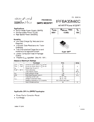 International Rectifier irfba35n60c  . Electronic Components Datasheets Active components Transistors International Rectifier irfba35n60c.pdf