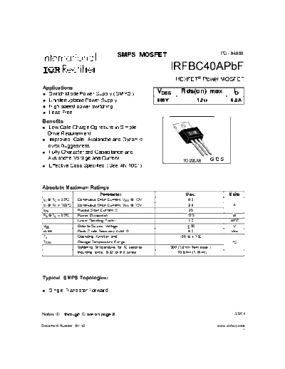 International Rectifier irfbc40a  . Electronic Components Datasheets Active components Transistors International Rectifier irfbc40a.pdf