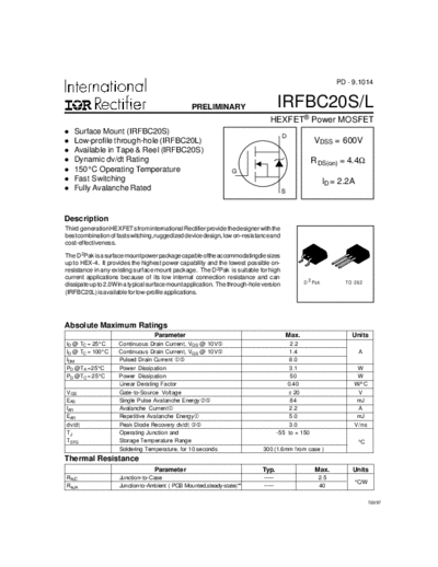 International Rectifier irfbc20s  . Electronic Components Datasheets Active components Transistors International Rectifier irfbc20s.pdf
