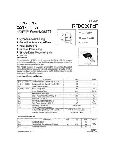 International Rectifier irfbc30pbf  . Electronic Components Datasheets Active components Transistors International Rectifier irfbc30pbf.pdf
