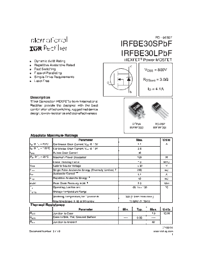 International Rectifier irfbe30s-l  . Electronic Components Datasheets Active components Transistors International Rectifier irfbe30s-l.pdf