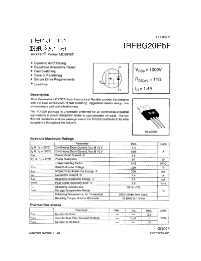 International Rectifier irfbg20pbf  . Electronic Components Datasheets Active components Transistors International Rectifier irfbg20pbf.pdf