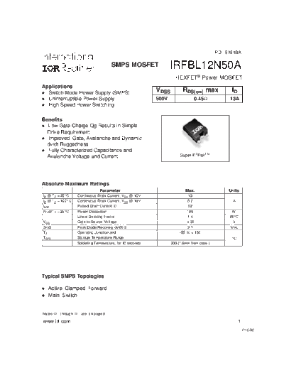 International Rectifier irfbl12n50a  . Electronic Components Datasheets Active components Transistors International Rectifier irfbl12n50a.pdf