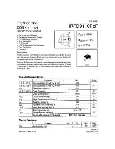 International Rectifier irfd9110pbf  . Electronic Components Datasheets Active components Transistors International Rectifier irfd9110pbf.pdf