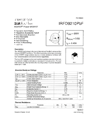 International Rectifier irfd9210pbf  . Electronic Components Datasheets Active components Transistors International Rectifier irfd9210pbf.pdf