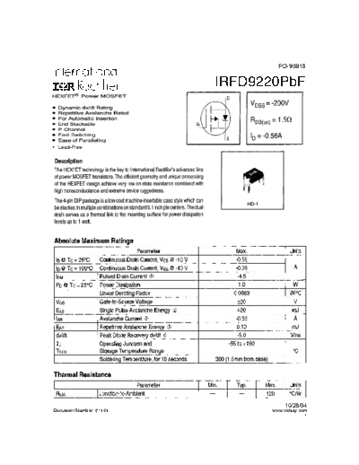 International Rectifier irfd9220pbf  . Electronic Components Datasheets Active components Transistors International Rectifier irfd9220pbf.pdf