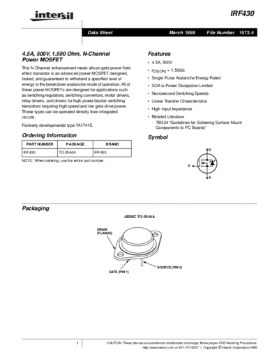 Intersil irf430-3  . Electronic Components Datasheets Active components Transistors Intersil irf430-3.pdf