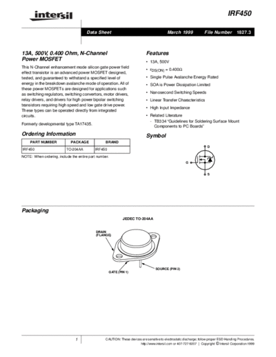 Intersil irf450  . Electronic Components Datasheets Active components Transistors Intersil irf450.pdf