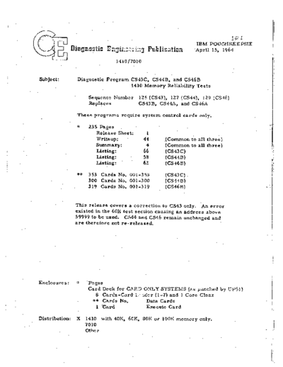 IBM INTRO 1410 Memory Reliability Tests  IBM 1410 diagnostics DIAGV201 INTRO_1410_Memory_Reliability_Tests.PDF