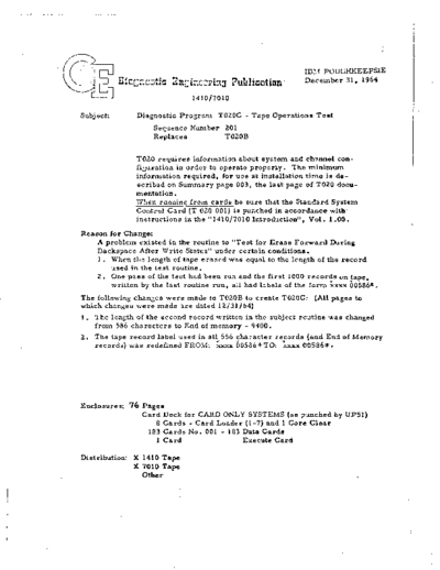 IBM T020C 1410 7010 Tape Operations Test  IBM 1410 diagnostics DIAGV400 T020C_1410_7010_Tape_Operations_Test.pdf