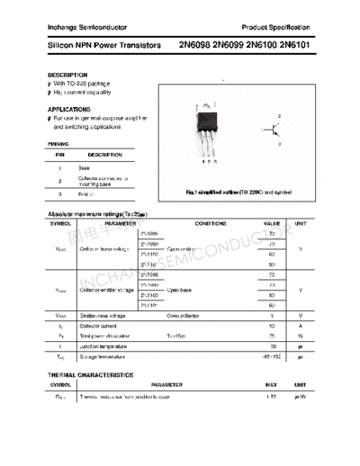 Inchange Semiconductor 2n6098 2n6099 2n6100 2n6101  . Electronic Components Datasheets Active components Transistors Inchange Semiconductor 2n6098_2n6099_2n6100_2n6101.pdf