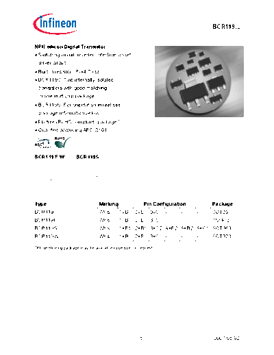 Infineon bcr119series  . Electronic Components Datasheets Active components Transistors Infineon bcr119series.pdf