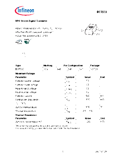 Infineon bcr533  . Electronic Components Datasheets Active components Transistors Infineon bcr533.pdf