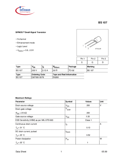 Infineon bs107  . Electronic Components Datasheets Active components Transistors Infineon bs107.pdf