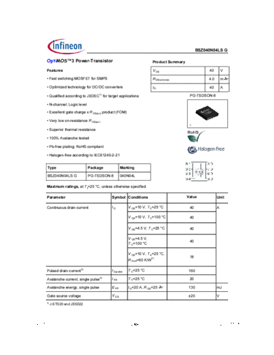 Infineon bsz040n04lsg rev1.3  . Electronic Components Datasheets Active components Transistors Infineon bsz040n04lsg_rev1.3.pdf
