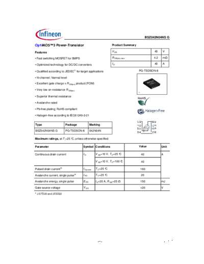 Infineon bsz042n04nsg rev2.0  . Electronic Components Datasheets Active components Transistors Infineon bsz042n04nsg_rev2.0.pdf