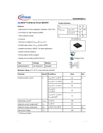Infineon bsz050n03msg rev2.0  . Electronic Components Datasheets Active components Transistors Infineon bsz050n03msg_rev2.0.pdf