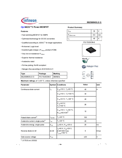 Infineon bsz088n03lsg rev2.0  . Electronic Components Datasheets Active components Transistors Infineon bsz088n03lsg_rev2.0.pdf