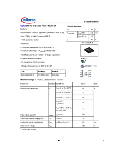 Infineon bsz088n03msg rev2.0  . Electronic Components Datasheets Active components Transistors Infineon bsz088n03msg_rev2.0.pdf
