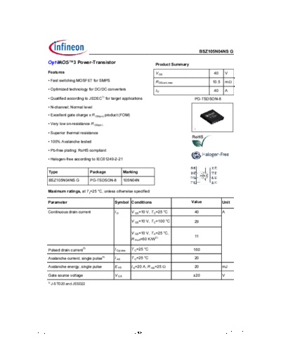Infineon bsz105n04nsg rev2.0  . Electronic Components Datasheets Active components Transistors Infineon bsz105n04nsg_rev2.0.pdf
