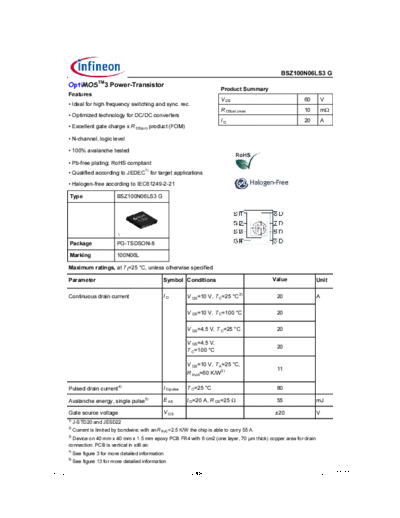 Infineon bsz100n06ls3 rev2.3  . Electronic Components Datasheets Active components Transistors Infineon bsz100n06ls3_rev2.3.pdf