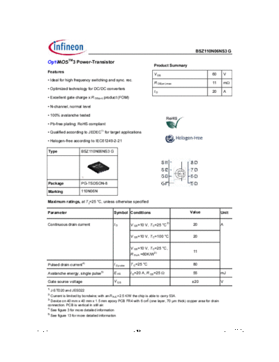 Infineon bsz110n06ns3 rev2.4  . Electronic Components Datasheets Active components Transistors Infineon bsz110n06ns3_rev2.4.pdf