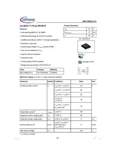 Infineon bsz130n03ls rev2.0  . Electronic Components Datasheets Active components Transistors Infineon bsz130n03ls_rev2.0.pdf