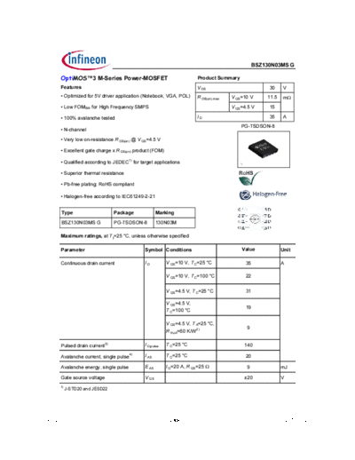 Infineon bsz130n03msg rev2.0  . Electronic Components Datasheets Active components Transistors Infineon bsz130n03msg_rev2.0.pdf