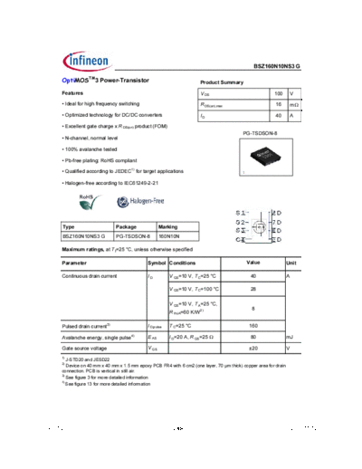 Infineon bsz160n10n3sg rev1.2  . Electronic Components Datasheets Active components Transistors Infineon bsz160n10n3sg_rev1.2.pdf
