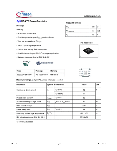 Infineon bsz900n15ns3rev2.1   . Electronic Components Datasheets Active components Transistors Infineon bsz900n15ns3rev2.1_.pdf
