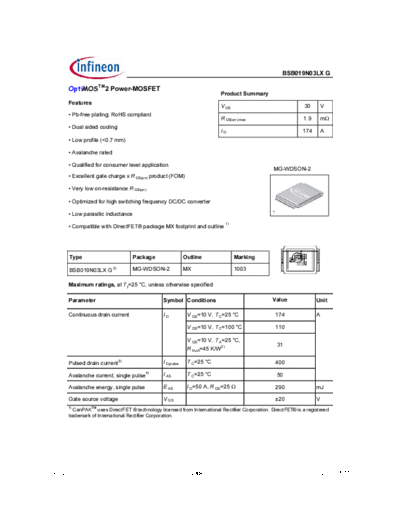 Infineon bsb019n03lx g rev2.0  . Electronic Components Datasheets Active components Transistors Infineon bsb019n03lx_g_rev2.0.pdf