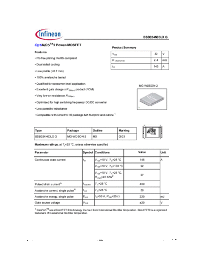 . Electronic Components Datasheets bsb024n03lxg rev2.0  . Electronic Components Datasheets Active components Transistors Infineon bsb024n03lxg_rev2.0.pdf