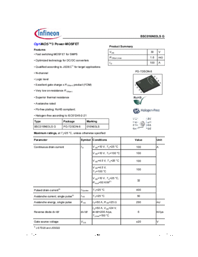 Infineon bsc016n03ls rev1.28  . Electronic Components Datasheets Active components Transistors Infineon bsc016n03ls_rev1.28.pdf