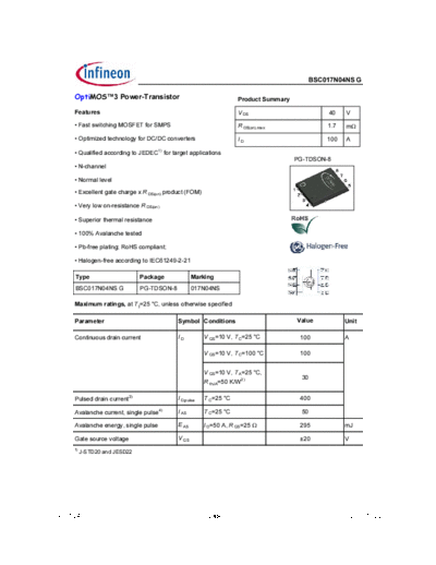 Infineon bsc017n04nsg rev1.24  . Electronic Components Datasheets Active components Transistors Infineon bsc017n04nsg_rev1.24.pdf
