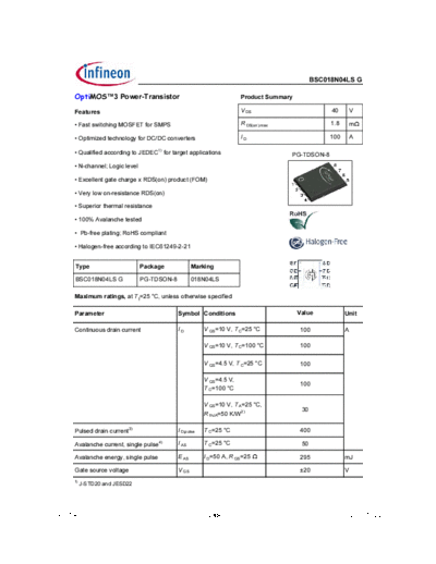 Infineon bsc018n04lsg rev1.4  . Electronic Components Datasheets Active components Transistors Infineon bsc018n04lsg_rev1.4.pdf