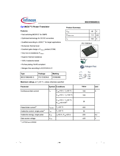 Infineon bsc019n04nsg rev1.4  . Electronic Components Datasheets Active components Transistors Infineon bsc019n04nsg_rev1.4.pdf
