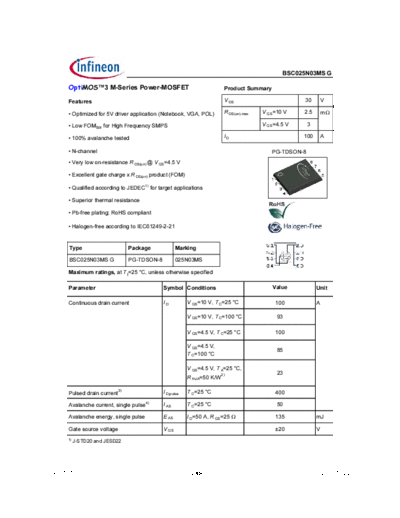 . Electronic Components Datasheets bsc025n03msg rev1.15  . Electronic Components Datasheets Active components Transistors Infineon bsc025n03msg_rev1.15.pdf