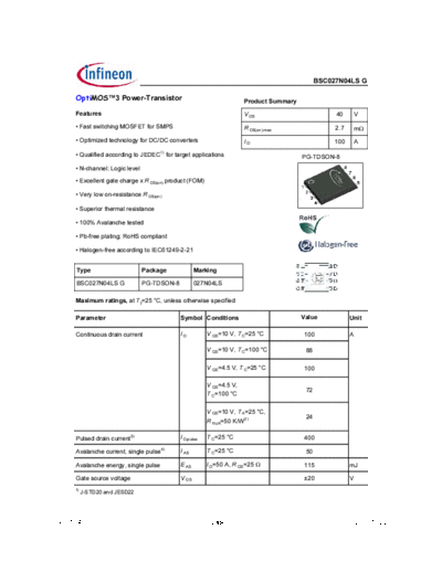 Infineon bsc027n04lsg rev1.04  . Electronic Components Datasheets Active components Transistors Infineon bsc027n04lsg_rev1.04.pdf