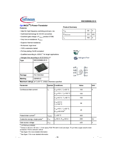 Infineon bsc028n06ls3 rev2.2  . Electronic Components Datasheets Active components Transistors Infineon bsc028n06ls3_rev2.2.pdf