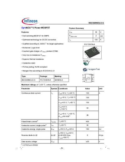 Infineon bsc020n03ls rev1.27  . Electronic Components Datasheets Active components Transistors Infineon bsc020n03ls_rev1.27.pdf