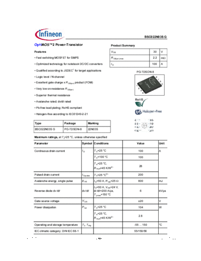 Infineon bsc022n03s rev1.65 g  . Electronic Components Datasheets Active components Transistors Infineon bsc022n03s_rev1.65_g.pdf