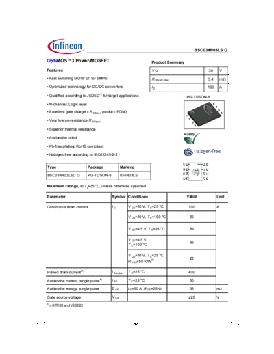 Infineon bsc034n03ls rev1.2  . Electronic Components Datasheets Active components Transistors Infineon bsc034n03ls_rev1.2.pdf