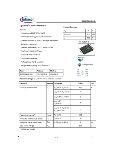 Infineon bsc035n04lsg rev1.04  . Electronic Components Datasheets Active components Transistors Infineon bsc035n04lsg_rev1.04.pdf