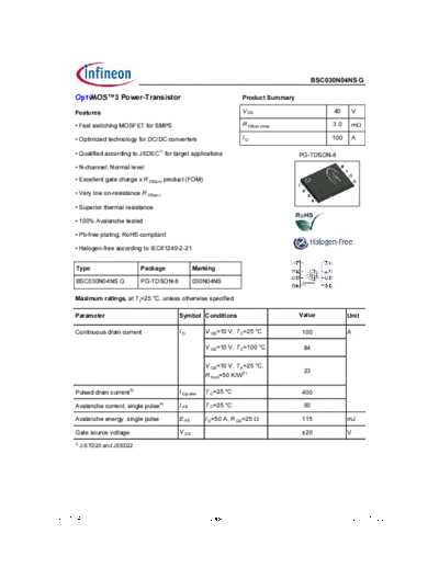 . Electronic Components Datasheets bsc030n04nsg rev1.04  . Electronic Components Datasheets Active components Transistors Infineon bsc030n04nsg_rev1.04.pdf